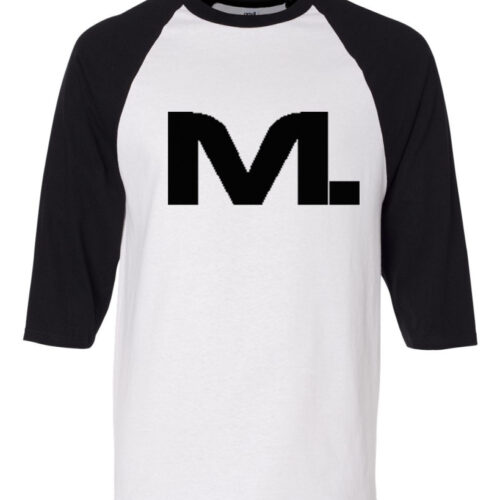 A white and black shirt with the letter m.