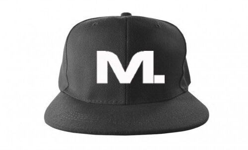 A black hat with the letter m on it.