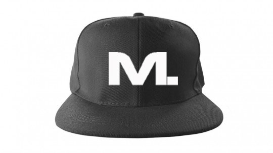 A black hat with the letter m on it.