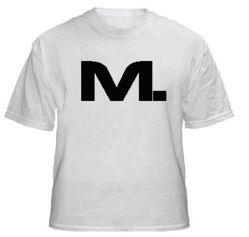 A white t-shirt with the letter m in black.